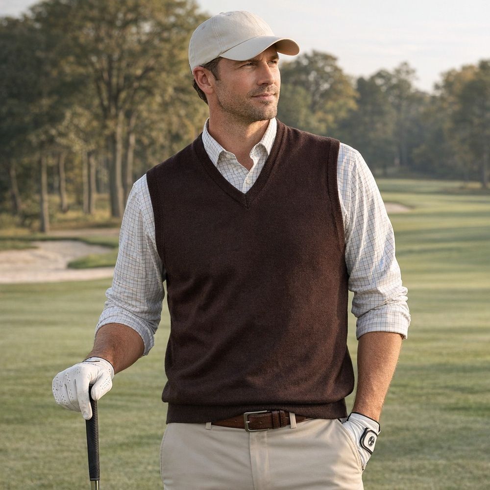 Bobby Jones Collection Brown Merino Wool V-Neck Sweater Vest XL Italy